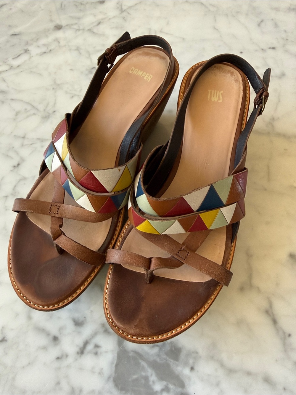Camper TWS sandal geometric colorful leather straps and suede platform. 39